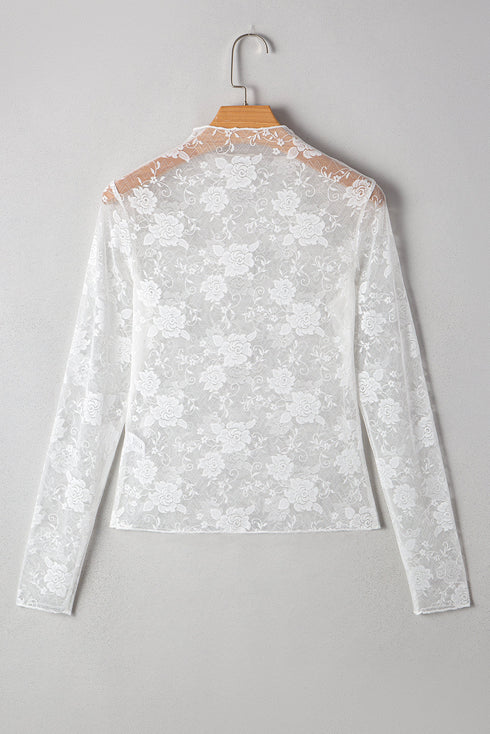 Sheer Floral Lace Mesh Mock Neck Elegant Long Sleeve Fitted Top